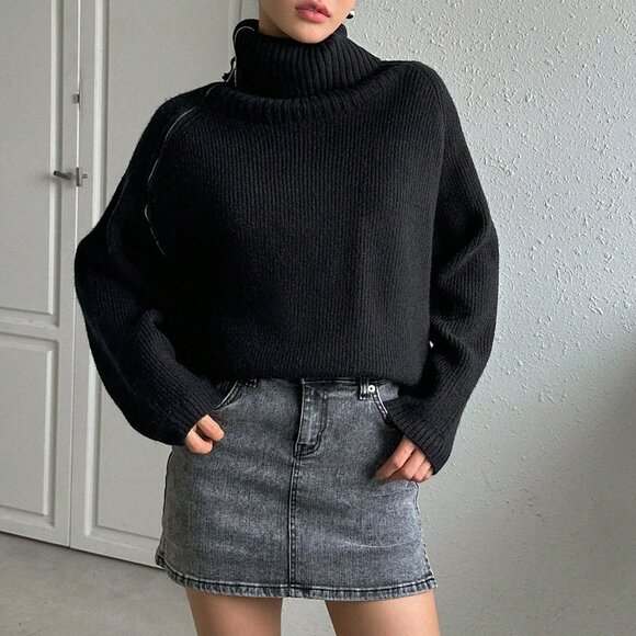 Black Casual Women's Loose High Collar Zip-Up Long Sleeve Street Knit Cardigan - Picture 5 of 7